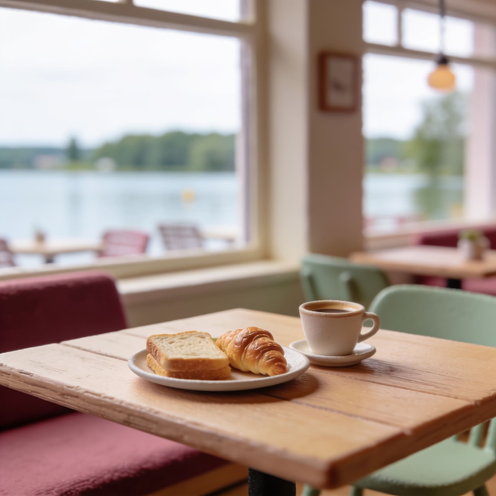 Frühstücksteller mit Croissant und Kaffee im hellen Café am Wannsee